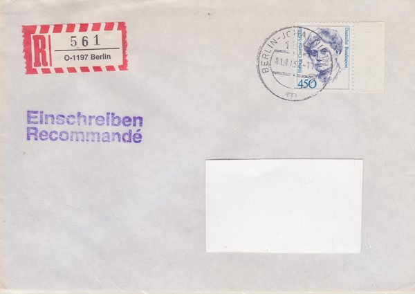 BUND 1614 - Einschreibenbrief - Einschreibnummernzettel mit <O> 1197 Stempel vom 11-11-1992