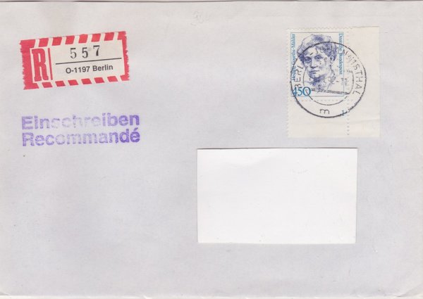 BUND 1614 - Einschreibenbrief - Einschreibnummernzettel mit <O> 1197 Stempel vom 11-11-1992
