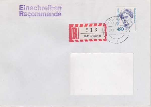 BUND 1614 - Einschreibenbrief - Einschreibnummernzettel mit <O> 1197 Stempel vom 07-11-1992