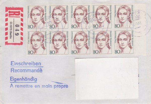 BUND 1305 (10x) - Einschreibebrief - (Frauen) mit R-Zettel mit <O> 1075 Tagesstempel vom 15-01-1993
