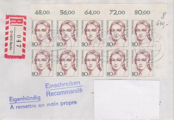 BUND 1305 (10x) - Einschreibebrief - (Frauen) mit R-Zettel mit <O> 1075 Tagesstempel vom 15-01-1993