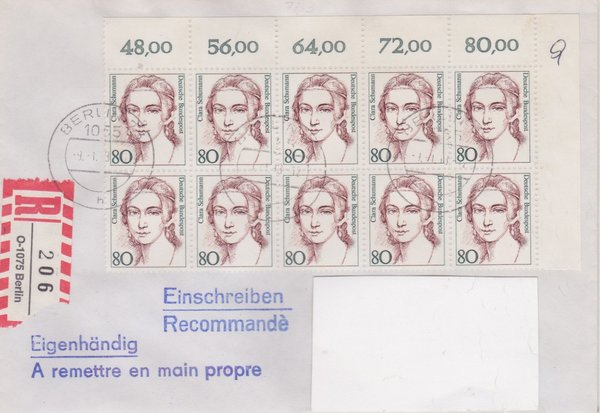 BUND 1305 (10x) - Einschreibebrief - (Frauen) mit R-Zettel mit <O> 1075 Tagesstempel vom 09-01-1993