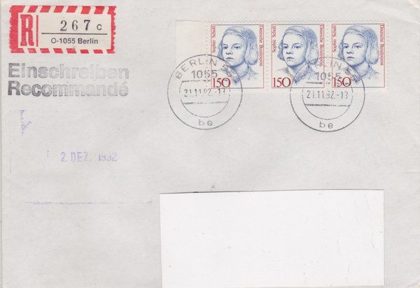 BUND 1497 (3x) - Einschreibebrief - Einschreibnummernzettel mit <O> 1055 Stempel vom 21-11-1992