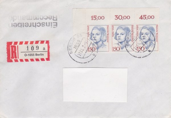 BUND 1497 (3x) - Einschreibebrief - Einschreibnummernzettel mit <O> 1055 Stempel vom 21-11-1992