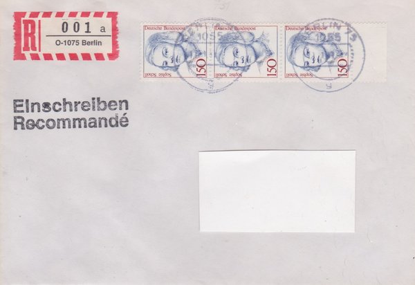 BUND 1497 (3x) - Einschreibebrief - Einschreibnummernzettel mit <O> 1075 Stempel vom 18-01-1993