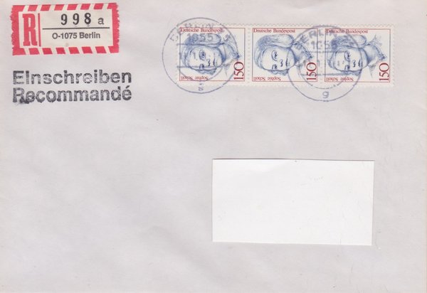 BUND 1497 (3x) - Einschreibenbrief - Einschreibnummernzettel mit <O> 1075 Stempel vom 19-01-1993