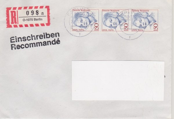 BUND 1497 (3x) - Einschreibenbrief - Einschreibnummernzettel mit <O> 1075 Stempel vom 22-01-1993