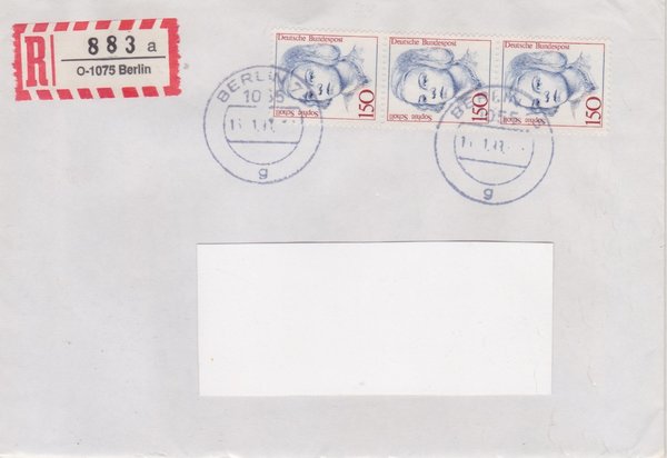 BUND 1497 (3x) - Einschreibenbrief - Einschreibnummernzettel mit <O> 1075 Stempel vom 15-01-1993