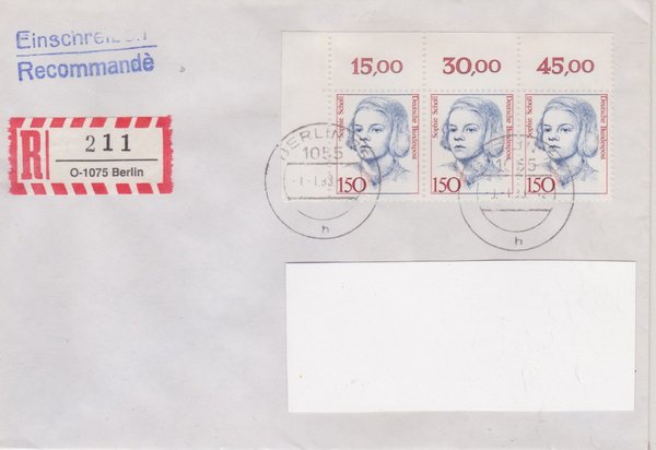BUND 1497 (3x) - Einschreibebrief - Einschreibnummernzettel mit <O> 1075 Stempel vom 09-01-1993