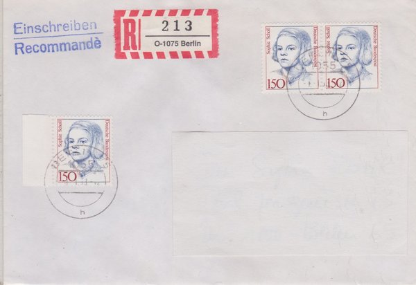 BUND 1497 (3x) - Einschreibenbrief - Einschreibnummernzettel mit <O> 1075 Stempel vom 09-01-1993