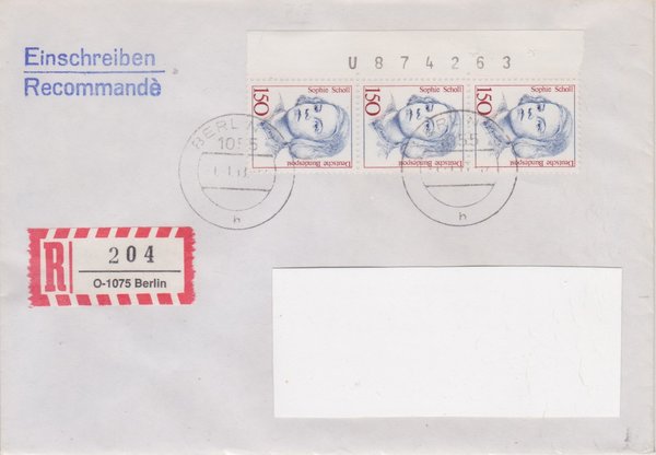 BUND 1497 (3x) - Einschreibebrief - Einschreibnummernzettel mit <O> 1075 Stempel vom 09-01-1993