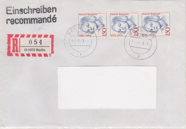 BUND 1497 (3x) - Einschreibenbrief - Einschreibnummernzettel mit <O> 1075 Stempel vom 15-01-1993