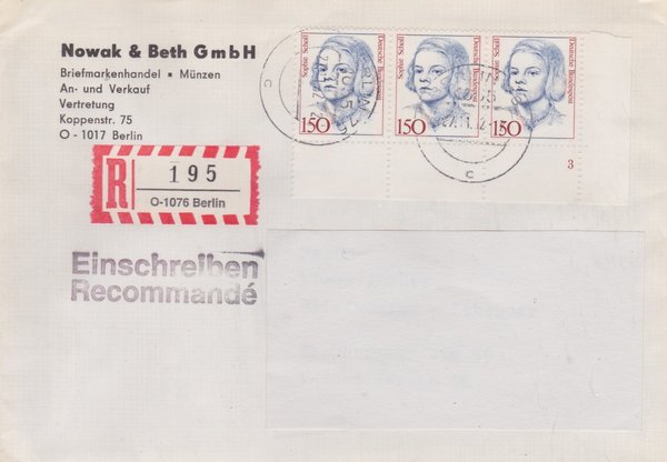 BUND 1497 (3x) - Einschreibenbrief - Einschreibnummernzettel mit <O> 1076 Stempel vom 27-11-1992