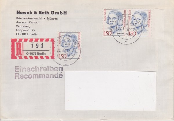 BUND 1497 (3x) - Einschreibebrief - Einschreibnummernzettel mit <O> 1076 Stempel vom 27-11-1992