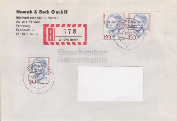 BUND 1497 (3x) - Einschreibenbrief - Einschreibnummernzettel mit <O> 1076 Stempel vom 12-12-1992