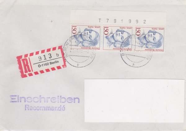 BUND 1497 (3x) - Einschreibenbrief - Einschreibnummernzettel mit <O> 1162 Stempel vom 21-11-1992