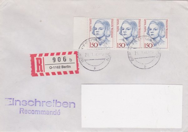 BUND 1497 (3x) - Einschreibenbrief - Einschreibnummernzettel mit <O> 1162 Stempel vom 21-11-1992