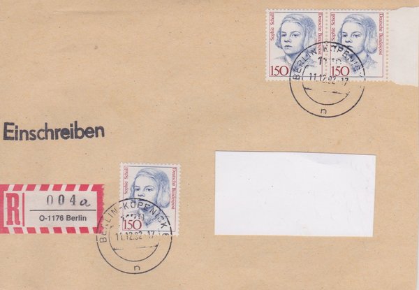 BUND 1497 (3x) - Einschreibenbrief - Einschreibnummernzettel mit <O> 1176 Stempel vom 11-12-1992