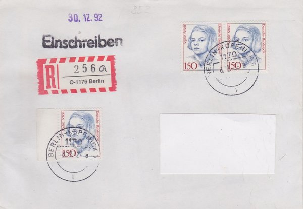 BUND 1497 (3x) - Einschreibenbrief - Einschreibnummernzettel mit <O> 1176 Stempel vom 18-12-1992