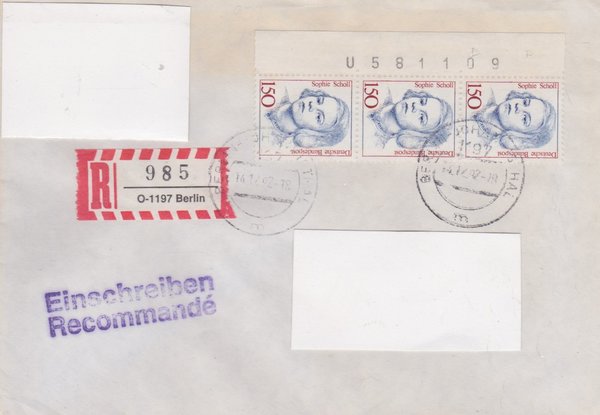 BUND 1497 (3x) - Einschreibenbrief - Einschreibnummernzettel mit <O> 1197 Stempel vom 14-12-1992