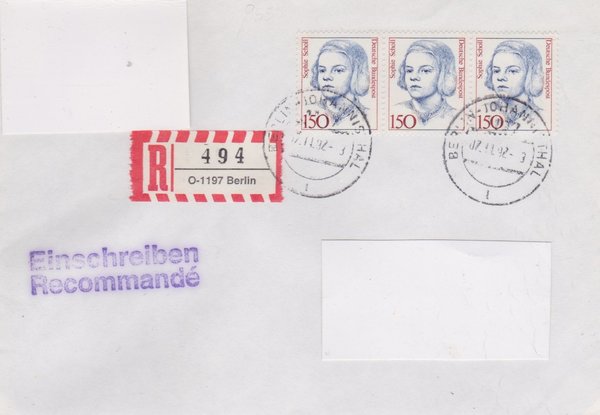 BUND 1497 (3x) - Einschreibenbrief - Einschreibnummernzettel mit <O> 1197 Stempel vom 07-11-1992