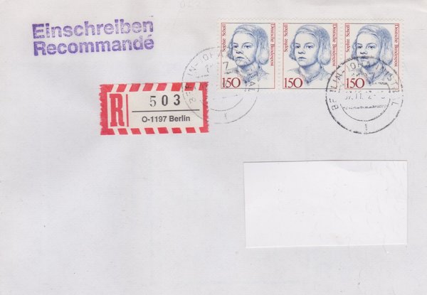 BUND 1497 (3x) - Einschreibenbrief - Einschreibnummernzettel mit <O> 1197 Stempel vom 07-11-1992