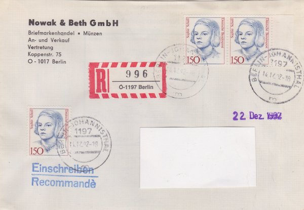 BUND 1497 (3x) - Einschreibenbrief - Einschreibnummernzettel mit <O> 1197 Stempel vom 14-12-1992
