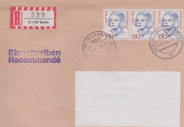 BUND 1497 (3x) - Einschreibenbrief - Einschreibnummernzettel mit <O> 1197 Stempel vom 11-11-1992