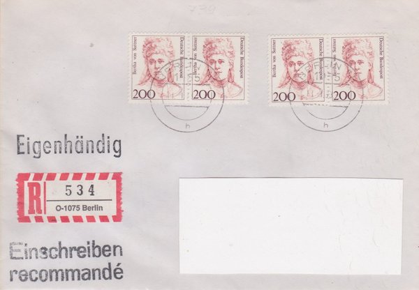 BUND 1498 (4x) - Einschreibenbrief - Einschreibnummernzettel mit <O> 1075 Stempel vom 18-01-1993