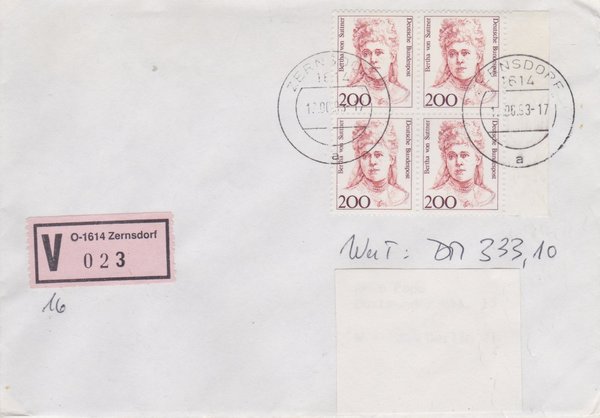 BUND 1498 (4x) - Wertbrief - mit V-Nummernzettel mit <O> 1614 mit Stempel vom 12-06-1993