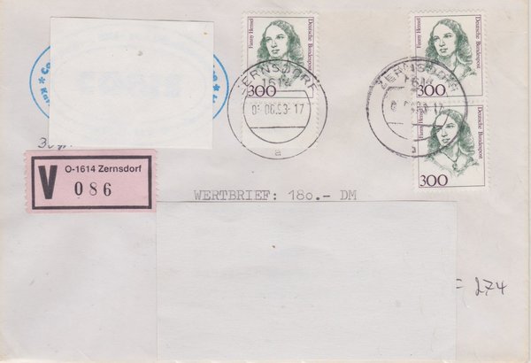 BUND 1433 (3x) - Wertbrief - mit V-Nummernzettel mit <O> 1614 mit Stempel vom 05-06-1993