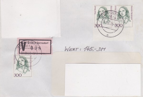 BUND 1433 (3x) - Wertbrief - mit V-Nummernzettel mit <O> 1614 mit Stempel vom 29-06-1993