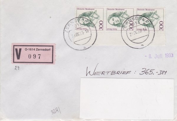 BUND 1433 (3x) - Wertbrief - mit V-Nummernzettel mit <O> 1614 mit Stempel vom 29-06-1993