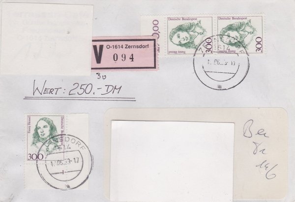 BUND 1433 (3x) - Wertbrief - mit V-Nummernzettel mit <O> 1614 mit Stempel vom 12-06-1993