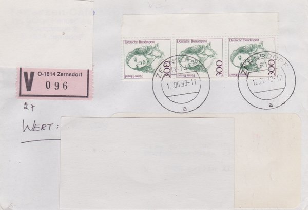 BUND 1433 (3x) - Wertbrief - mit V-Nummernzettel mit <O> 1614 mit Stempel vom 12-06-1993
