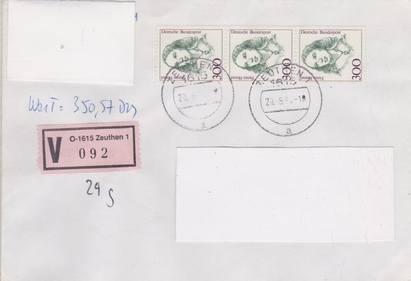 BUND 1433 (3x) - Wertbrief - mit V-Nummernzettel mit <O> 1615 mit Stempel vom 29-05-1993