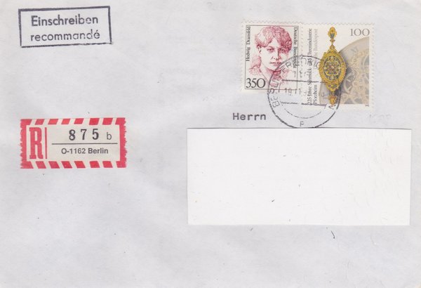 BUND 1393, 1628 - Einschreibebrief - Einschreibnummernzettel mit <O> 1162 Stempel vom 19-11-1992