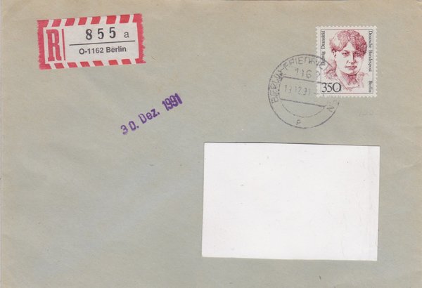 BERLIN 828 - Einschreibebrief - Einschreibnummernzettel mit <O> 1162 Stempel vom 19-12-1991