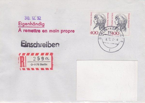 BUND 1582 (2x) - Einschreibebrief/Eigenhändig - Einschreibnummernzettel mit <O> 1176 vom 18-12-1992
