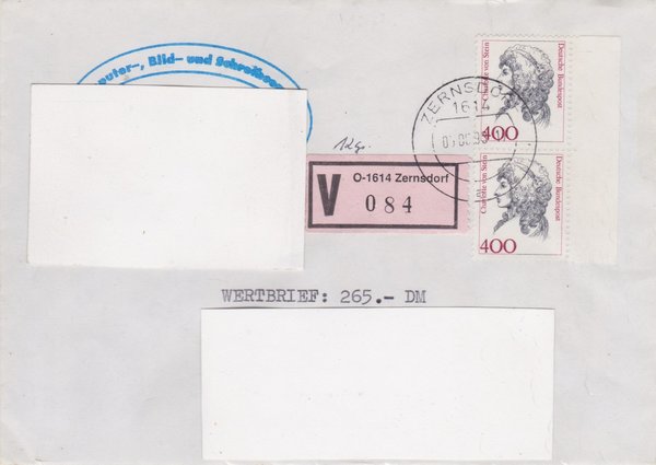 BUND 1582 (2x) - Wertbrief - mit V-Nummernzettel mit <O> 1614 mit Stempel vom 05-06-1993