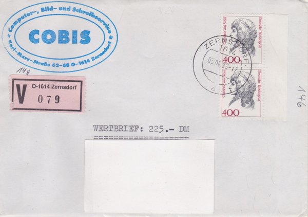 BUND 1582 (2x) - Wertbrief - mit V-Nummernzettel mit <O> 1614 mit Stempel vom 05-06-1993