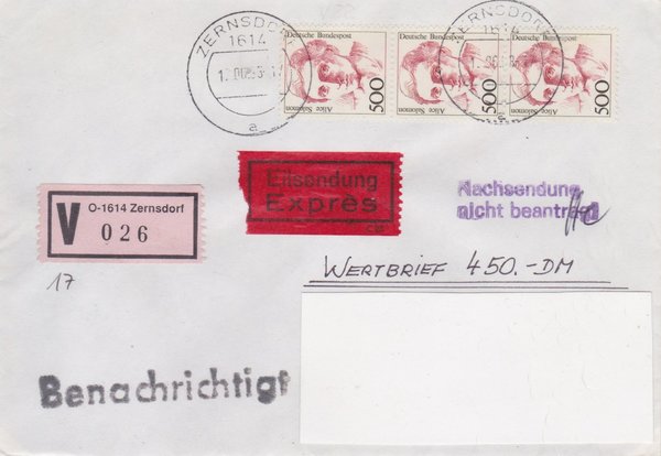 BUND 1397 (3x) - Wertbrief/Express - mit V-Nummernzettel mit <O> 1614 mit Tagesstempel 12-06-1993