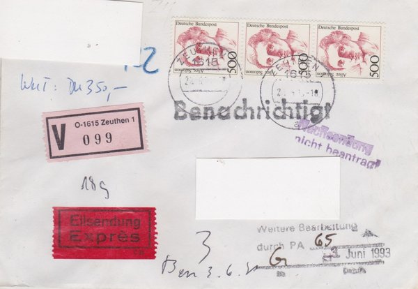 BUND 1397 (3x) - Wertbrief/Express - mit V-Nummernzettel mit <O> 1615 mit Tagesstempel 29-05-1993