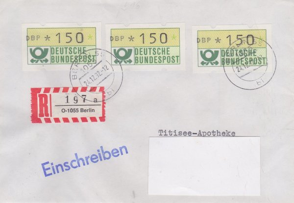 BUND ATM 1 - Einschreibebrief - Einschreibnummernzettel mit <O> 1055 Stempel vom 24-12-1992