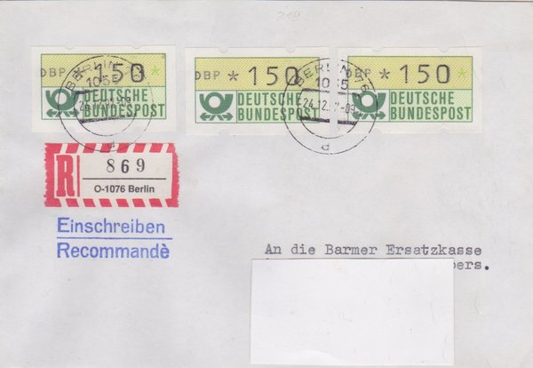 BUND ATM 1 - Einschreibebrief - Einschreibnummernzettel mit <O> 1076 Stempel vom 24-12-1992