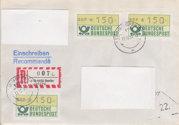 BUND ATM 1 - Einschreibebrief - Aufbrauch-R-Zettel <O> 1172 in 1176 - Stempel vom 11-12-1992