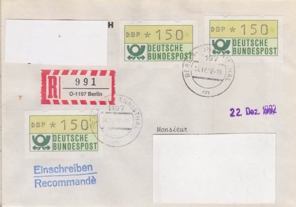BUND ATM 1 - Einschreibebrief - Einschreibnummernzettel mit <O> 1197 Stempel vom 14-12-1992