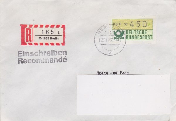 BUND ATM 1 - Einschreibebrief - Einschreibnummernzettel mit <O> 1055 Stempel vom 27-11-1992