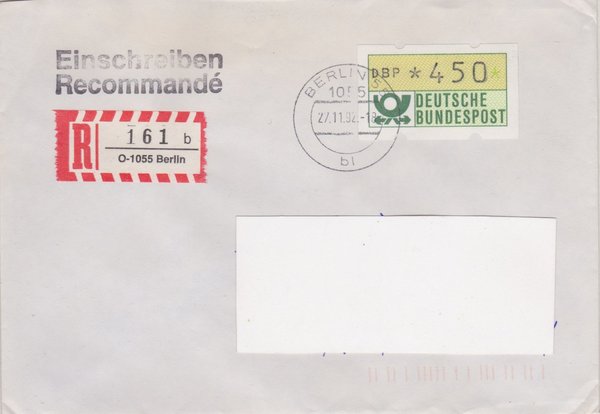 BUND ATM 1 - Einschreibebrief - Einschreibnummernzettel mit <O> 1055 Stempel vom 27-11-1992