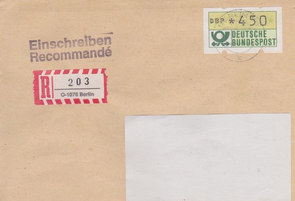 BUND ATM 1 - Einschreibebrief - Einschreibnummernzettel mit <O> 1076 Stempel vom 27-11-1992